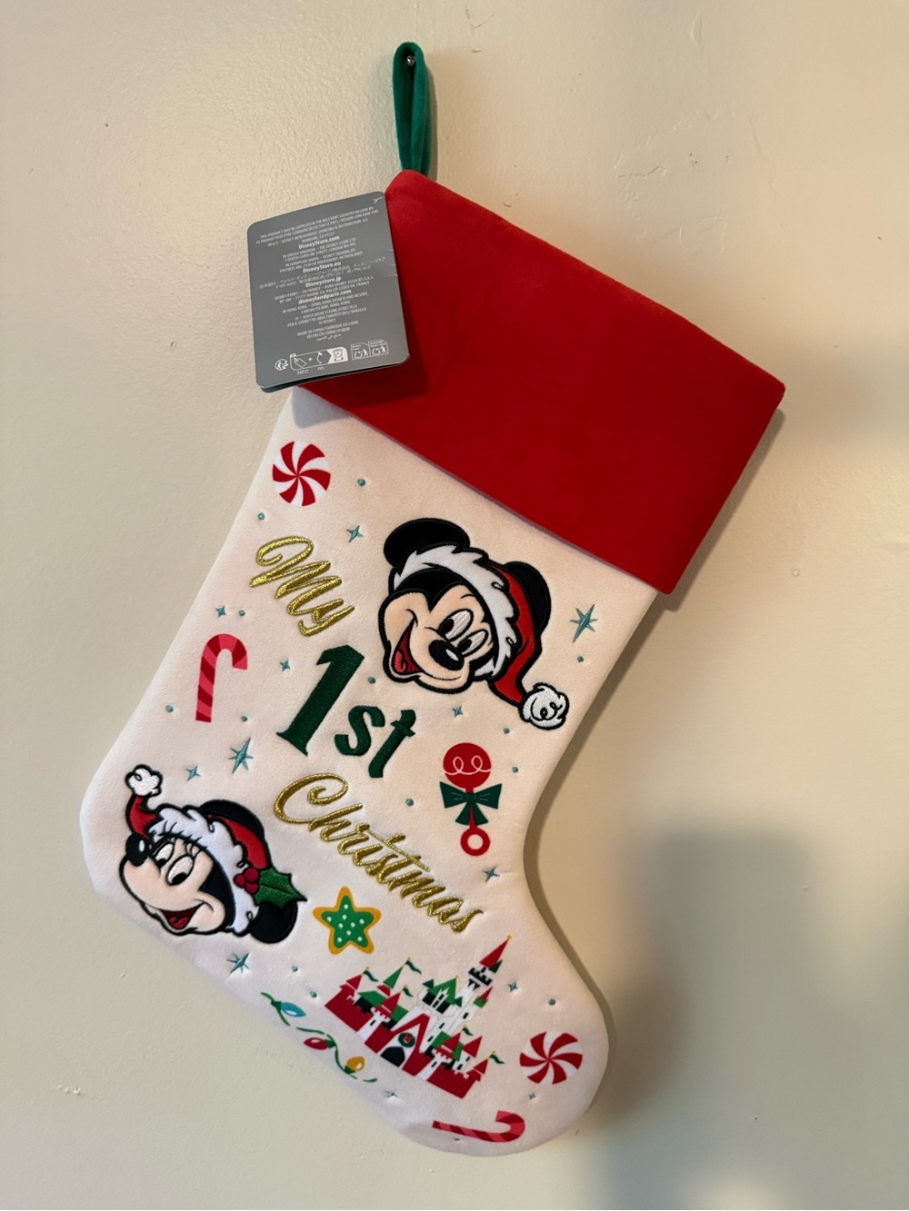 Disney Red & Green My 1st Christmas Mickey & Minnie Mouse Stocking Baby's First